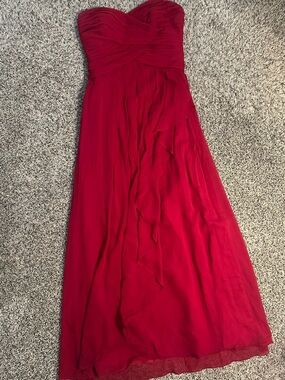David's Bridal Strapless Red Chiffon Prom Dress